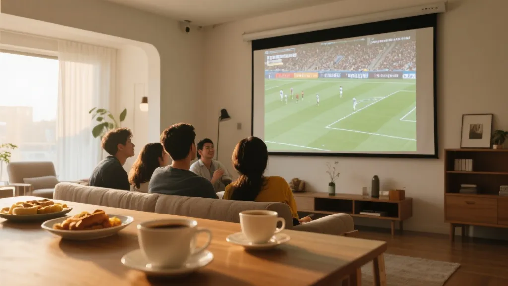 清晨聚会看球的客厅场景，投影播放足球比赛，越南球迷观赛氛围